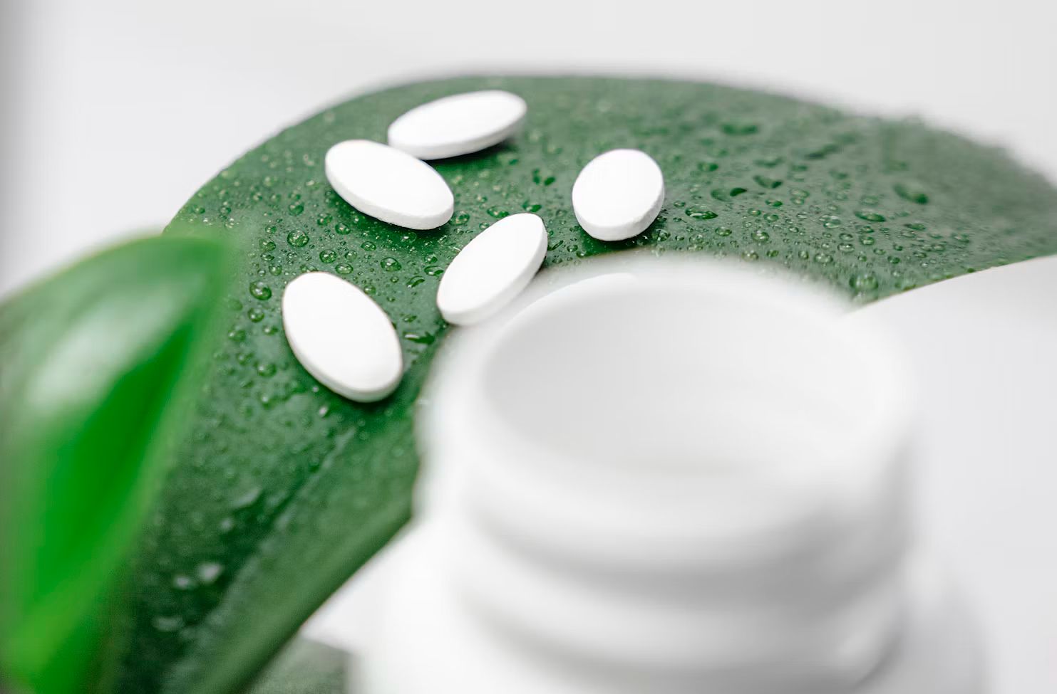 White oval tablets on a wet green leaf beside an open white supplement bottle
